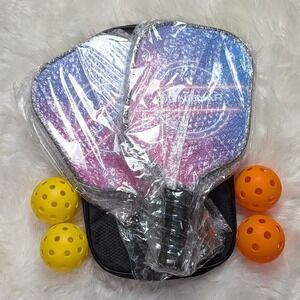 New Pickleball Paddle Set of 2 Fiberglass Paddles 4 Balls and Carry Bag Neon